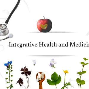 Integrative health, medicine and dentistry, tooth brushes, stethoscope, herbs and apple