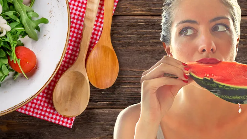 plate of healthy food and woman eating watermelon