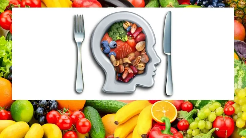 Brain food to boost brainpower nutrition concept as a group of nutritious nuts fish vegetables and berries rich in omega-3 fatty acids for mind health with 3D illustration elements.