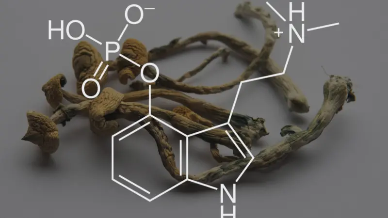 chemical formula of psilocybin on a blackboard Mushroom.