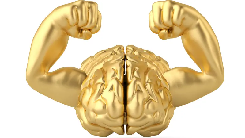 Strong gold brain and muscle brain 3D illustration