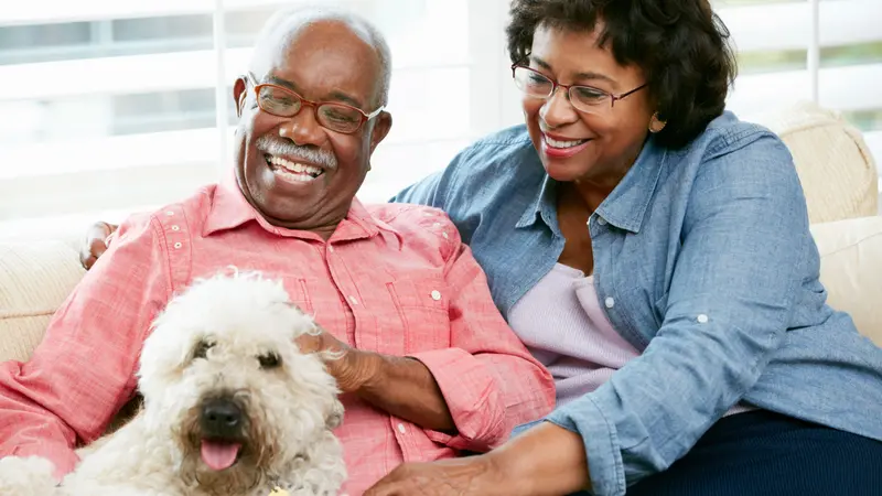 Happy Senior Couple Sitting On Sofa With Dog