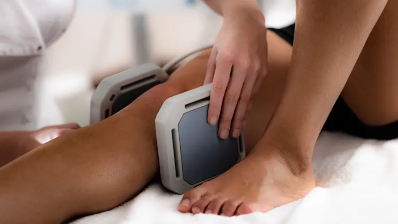 Magnet therapy. Magnets used in physical therapy, placed to patient's knee.