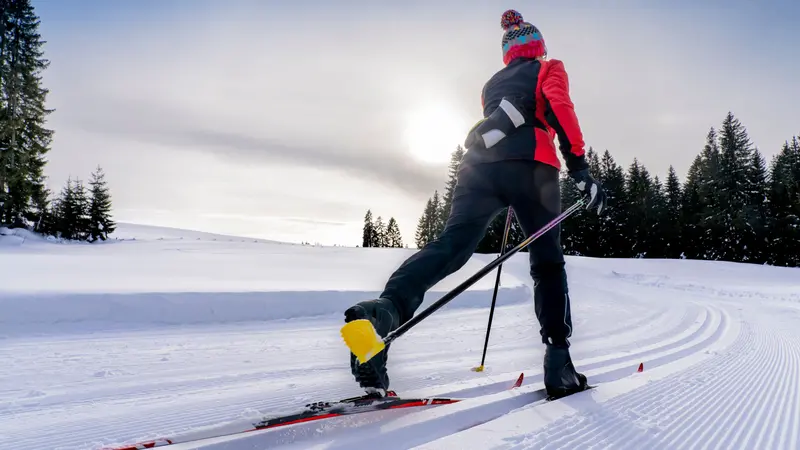  Woman cross-country skiing in fresh fallen powder snow in the Allgau alps near Immenstadt, Bavaria, Germany