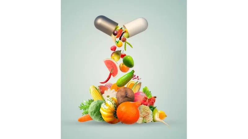 A slide of vegetables and fruits falling out of the capsule