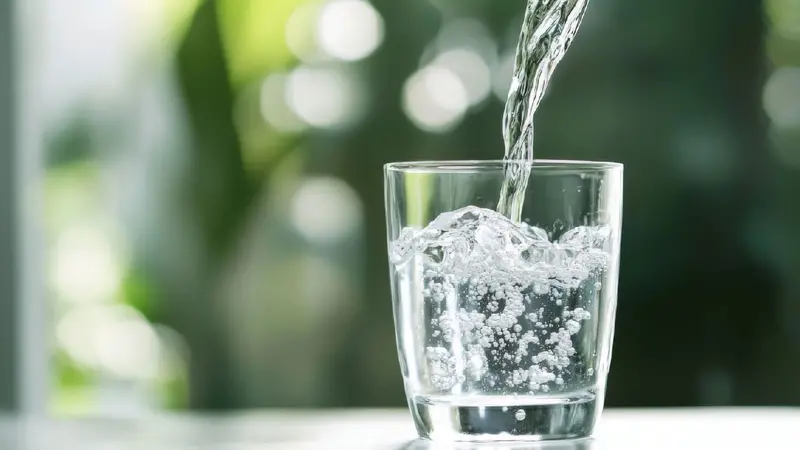 Pouring Water into a Glass Against a Green Blurred Background