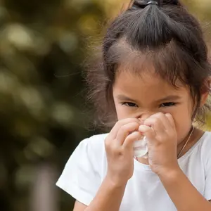 Little Asian girl with seasonal allergies wiping or cleaning nose with tissue on her hand