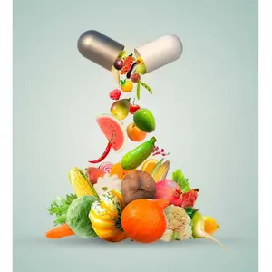 A slide of vegetables and fruits falling out of the capsule