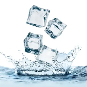 Ice cubes falling into water on white background