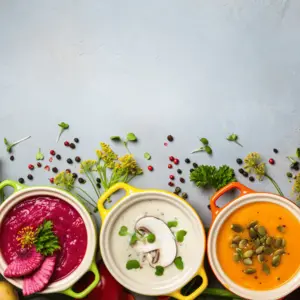 Colorful bowls of soup