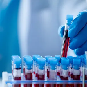 Lab assistant examines a patient's blood sample