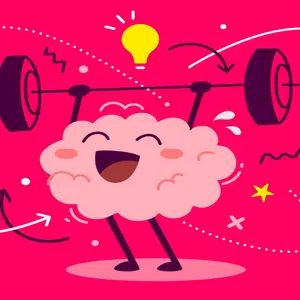 Pink illustration of an anthropomorphized brain happily lifting weights Pink illustration of an anthropomorphized brain happily lifting weights