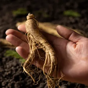 Hand holding a ginseng root Hand holding a ginseng root
