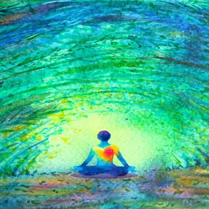 watercolor concept art of spirituality - a person sits with heart aglow, connected to greater consciousness of cosmos around them watercolor concept art of spirituality - a person sits with heart aglow, connected to greater consciousness of cosmos around them