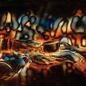 Abstract art of ceremonial cup being passed from practitioner to patient Abstract art of ceremonial cup being passed from practitioner to patient