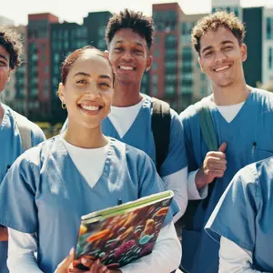Group of young medical students smiling at camera Group of young medical students smiling at camera
