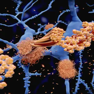 Alzheimer's disease: the amyloid-beta peptide accumulates to amyloid fibrils that build up dense amyloid plaques. 3d rendering  Alzheimer's disease: the amyloid-beta peptide accumulates to amyloid fibrils that build up dense amyloid plaques. 3d rendering