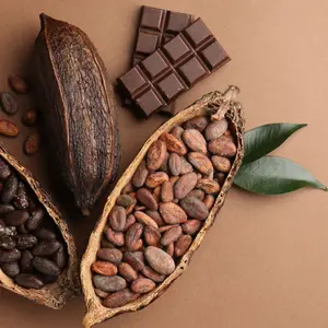 Cocoa pods with beans, chocolate and leaves on brown background, flat lay Cocoa pods with beans, chocolate and leaves on brown background, flat lay